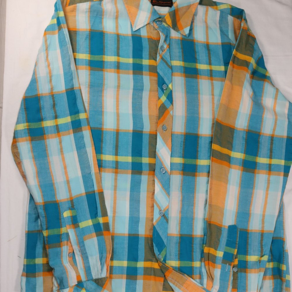 Ben Sherman Colorful Blue Retro Block Plaid Button Down Shirt L long sleeve